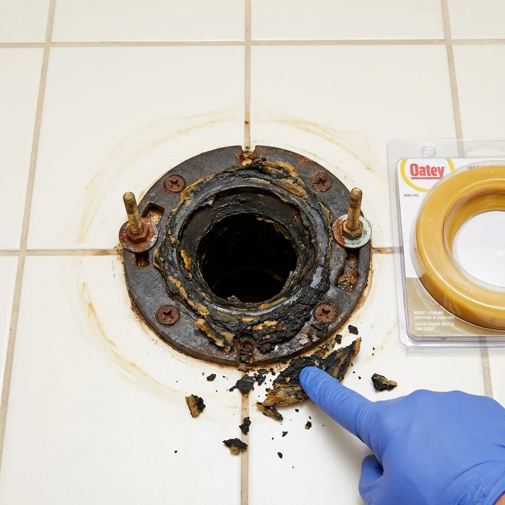 Failed wax ring showing water seepage at the base of a toilet in a Marvell, AR home